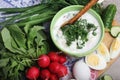 A bowl with traditinal Russian cuisine soup okroshka