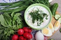 A bowl with traditinal Russian cuisine soup okroshka