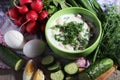 A bowl with traditinal Russian cuisine soup okroshka