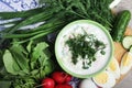 A bowl with traditinal Russian cuisine soup okroshka