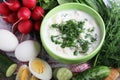 A bowl with traditinal Russian cuisine soup okroshka