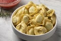 Bowl with traditional fresh Italian tortellini stuffed with Ricotta and Spinach