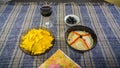 Bowl of tuna salad, tortilla chips, olives and glass of red wine Royalty Free Stock Photo