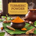 A bowl of turmeric with spoon on a wooden table Royalty Free Stock Photo
