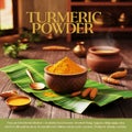 A bowl of turmeric with spoon on a wooden table Royalty Free Stock Photo