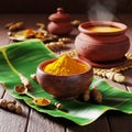 A bowl of turmeric with spoon on a wooden table Royalty Free Stock Photo