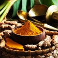 A bowl of turmeric with spoon on a wooden table Royalty Free Stock Photo