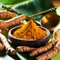 A bowl of turmeric with spoon on a wooden table Royalty Free Stock Photo