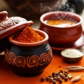 A bowl of turmeric with spoon on a wooden table Royalty Free Stock Photo