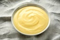 Bowl of vanilla custard on rustic background