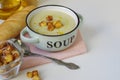 Bowl of vegetable soup. Cauliflower soup puree with croutons. Royalty Free Stock Photo