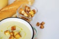 Bowl of vegetable soup. Cauliflower soup puree with croutons. Royalty Free Stock Photo