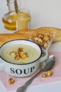 Bowl of vegetable soup. Cauliflower soup puree with croutons. Royalty Free Stock Photo