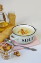 Bowl of vegetable soup. Cauliflower soup puree with croutons. Royalty Free Stock Photo