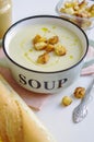 Bowl of vegetable soup. Cauliflower soup puree with croutons. Royalty Free Stock Photo