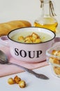 Bowl of vegetable soup. Cauliflower soup puree with croutons. Royalty Free Stock Photo