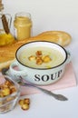 Bowl of vegetable soup. Cauliflower soup puree with croutons. Royalty Free Stock Photo