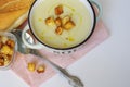 Bowl of vegetable soup. Cauliflower soup puree with croutons. Royalty Free Stock Photo