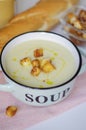 Bowl of vegetable soup. Cauliflower soup puree with croutons. Royalty Free Stock Photo