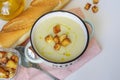 Bowl of vegetable soup. Cauliflower soup puree with croutons. Royalty Free Stock Photo