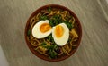 Bowl of vegetarian ramen soup with egg Royalty Free Stock Photo