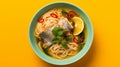 Stylish Fish Noodle Soup On Yellow Background Royalty Free Stock Photo