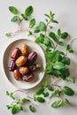 bowl of vibrant dates surrounded by fresh mint leaves displayed on smooth white ceramic plate Royalty Free Stock Photo