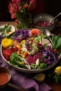 bowl of vibrant mixed salad with dressing