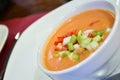 Bowl of vichyssoise with croutons and vegetables