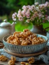 A bowl of walnuts sitting on top of a wooden table Royalty Free Stock Photo