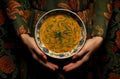 Bowl of warm pumpkin soup in hands. Holding bowl of vegan pumpkin soup.