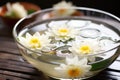 a bowl of water with floating lotus flowers