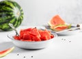 Bowl of watermelon cube fruit slice. Fresh chopped and chunks fruits. Royalty Free Stock Photo