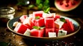 A bowl of watermelon cubes and feta cheese on a plate, AI Royalty Free Stock Photo