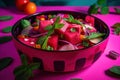 A bowl of watermelon, cucumber, and onions on a pink table. Generative AI image.