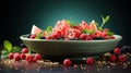 a bowl of watermelon, raspberries, and mint leaves. generative ai Royalty Free Stock Photo