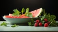 a bowl of watermelon, raspberries and mint leaves. generative ai Royalty Free Stock Photo