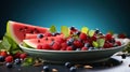 a bowl of watermelon, raspberries, and mint leaves. generative ai Royalty Free Stock Photo