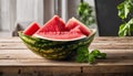 A bowl of watermelon slices on a wooden table