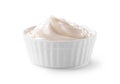 Bowl of whipped cream close-up isolated on white Royalty Free Stock Photo