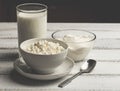 Bowl of white cream, curd and homemade milk on white wooden rustic background, Healthy dairy farm food Royalty Free Stock Photo