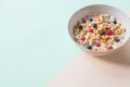 Bowl of whole grain cereal rings with blueberries isolated on pastel background.breakfast of cereal with blueberries,red Royalty Free Stock Photo