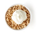 Bowl of Whole Grain Cheerios Cereal and yogurt, from above