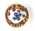 Bowl of whole grain muesli with yogurt and blueberries isolated Royalty Free Stock Photo