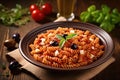 bowl of whole grain pasta with tomato sauce and olives