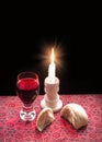 A bowl of wine and bread on the table. Communion symbols