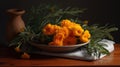 a bowl of yellow flowers on a wooden table next to a vase with green leaves and a white cloth on the side of the bowl Royalty Free Stock Photo