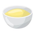 Bowl yellow liquid white background. Simple cartoon style representation soup sauce. Cuisine meal