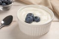 Bowl of yogurt with blueberries served on white wooden table, closeup Royalty Free Stock Photo