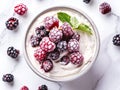 bowl with yogurt decorated with frozen berries Royalty Free Stock Photo